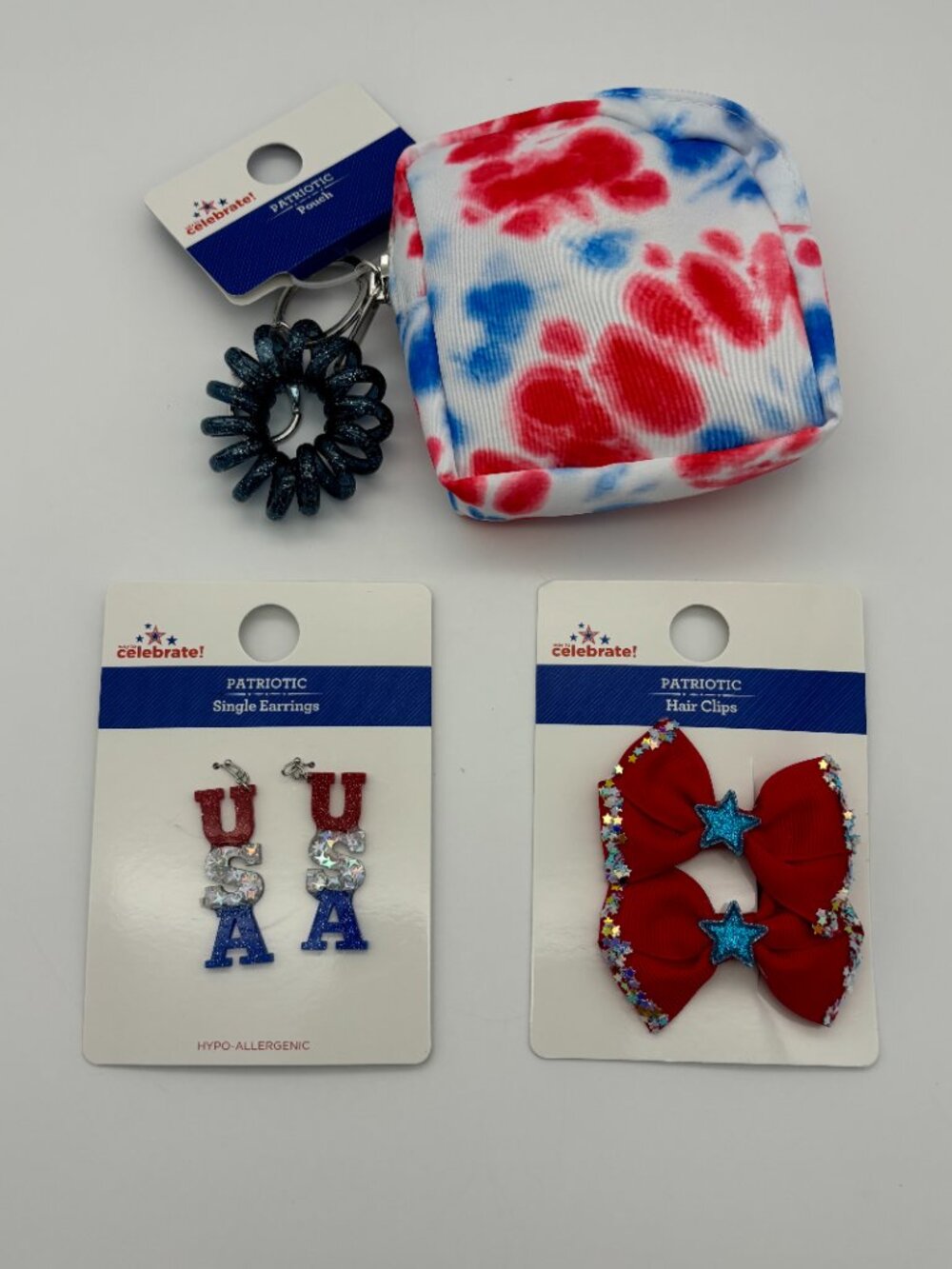 Way to Celebrate Red White Blue American Patriotic USA 4th Earrings Bows Pouch